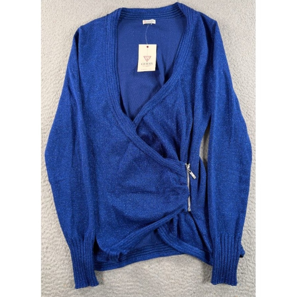 Guess Kori Sweater Womens Small Blue Metallic Sparkle Wrap Zip Shimmer Party NWT